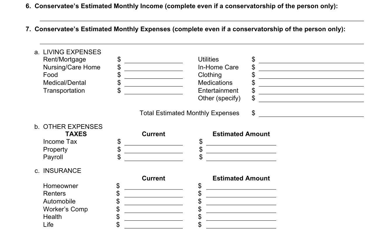 Form VN233 example filled out, conservatee's Estimated Monthly Income and Expenses