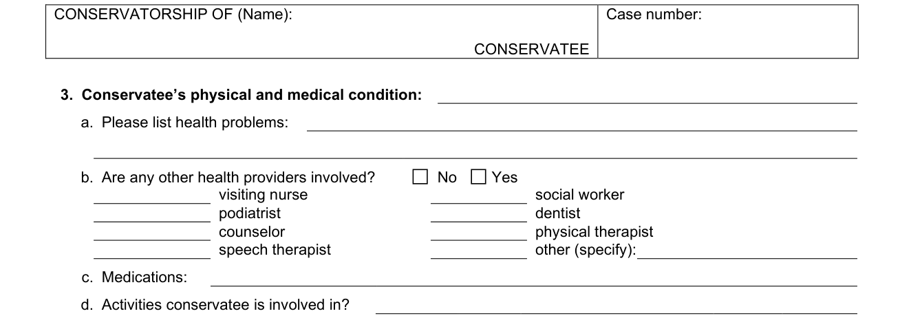 Form VN233 example filled out, conservatee's physical and medical condition