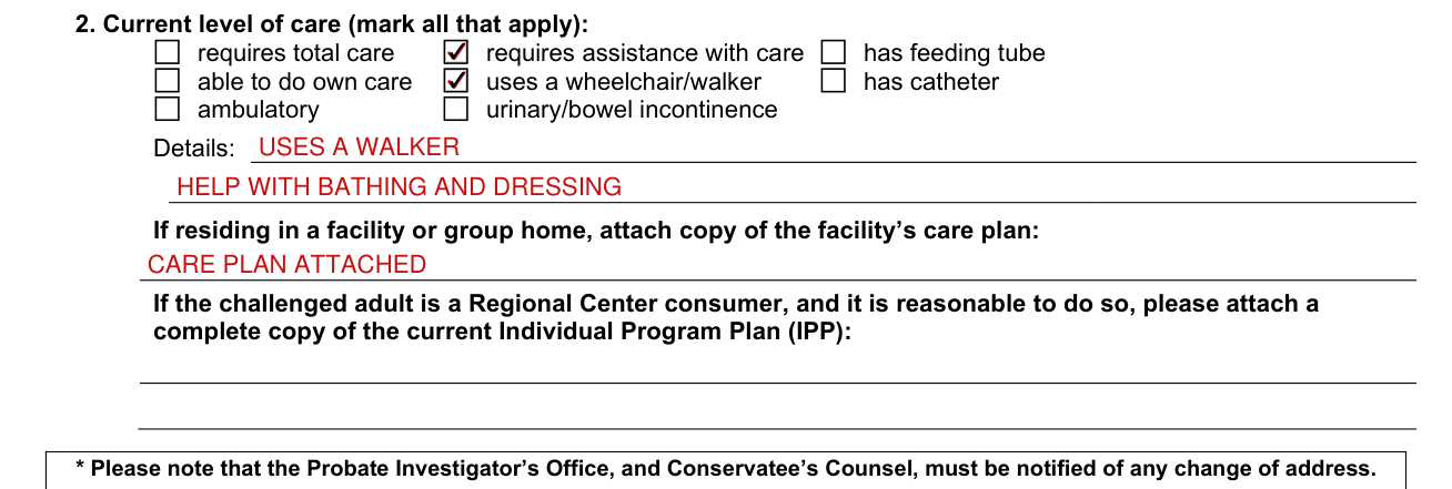 Form VN233 example filled out, current level of care