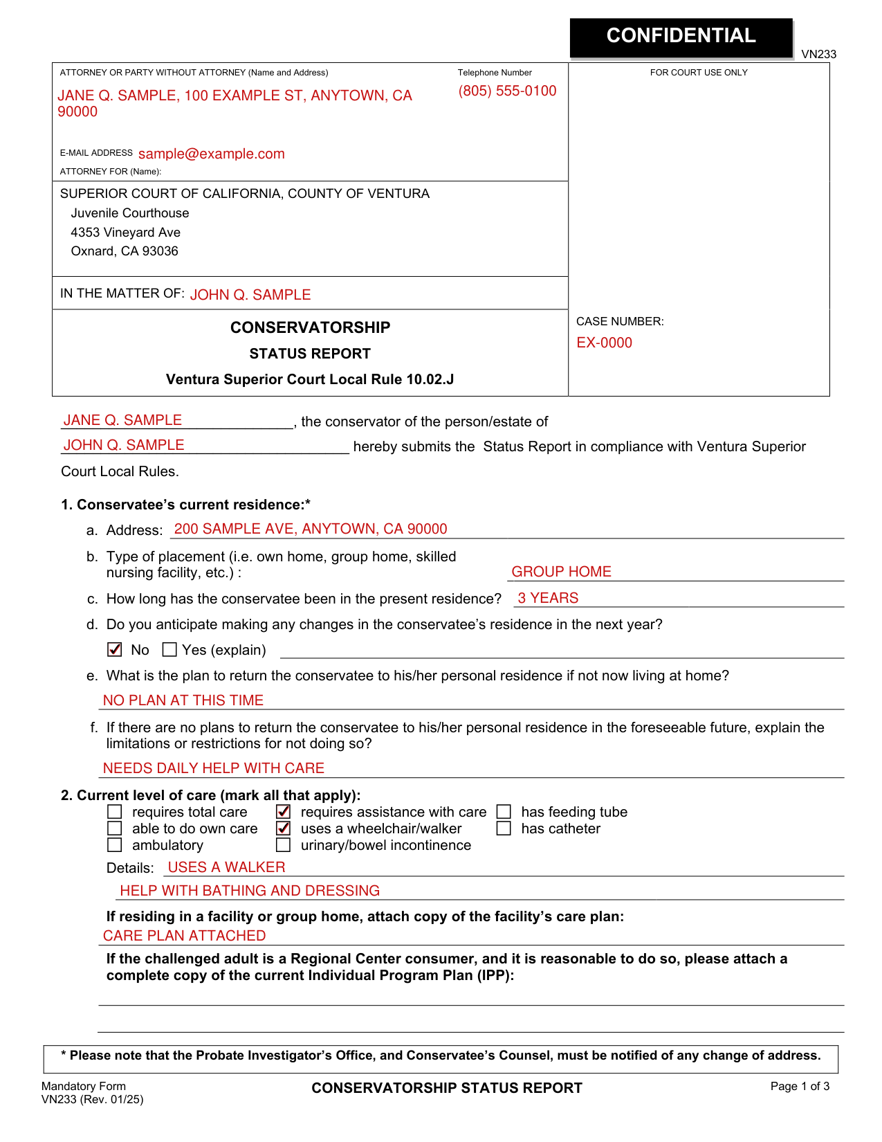 Form VN233 example filled out, example: a conservator reports on a conservatee in a group home