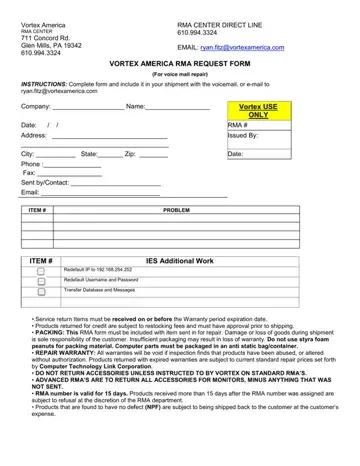 Vortex America Rma Request Form Preview