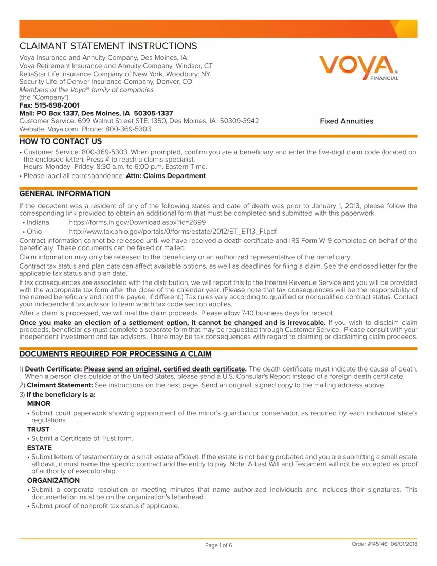 Voya Claimant Statement first page preview