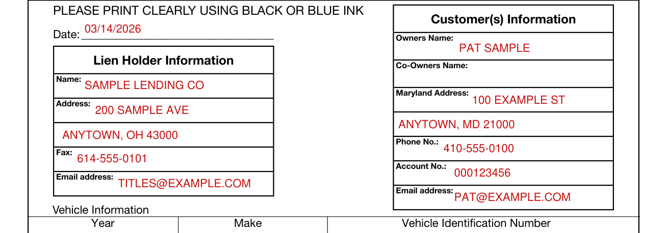 Form VR-056 example filled out, customer(s) Information