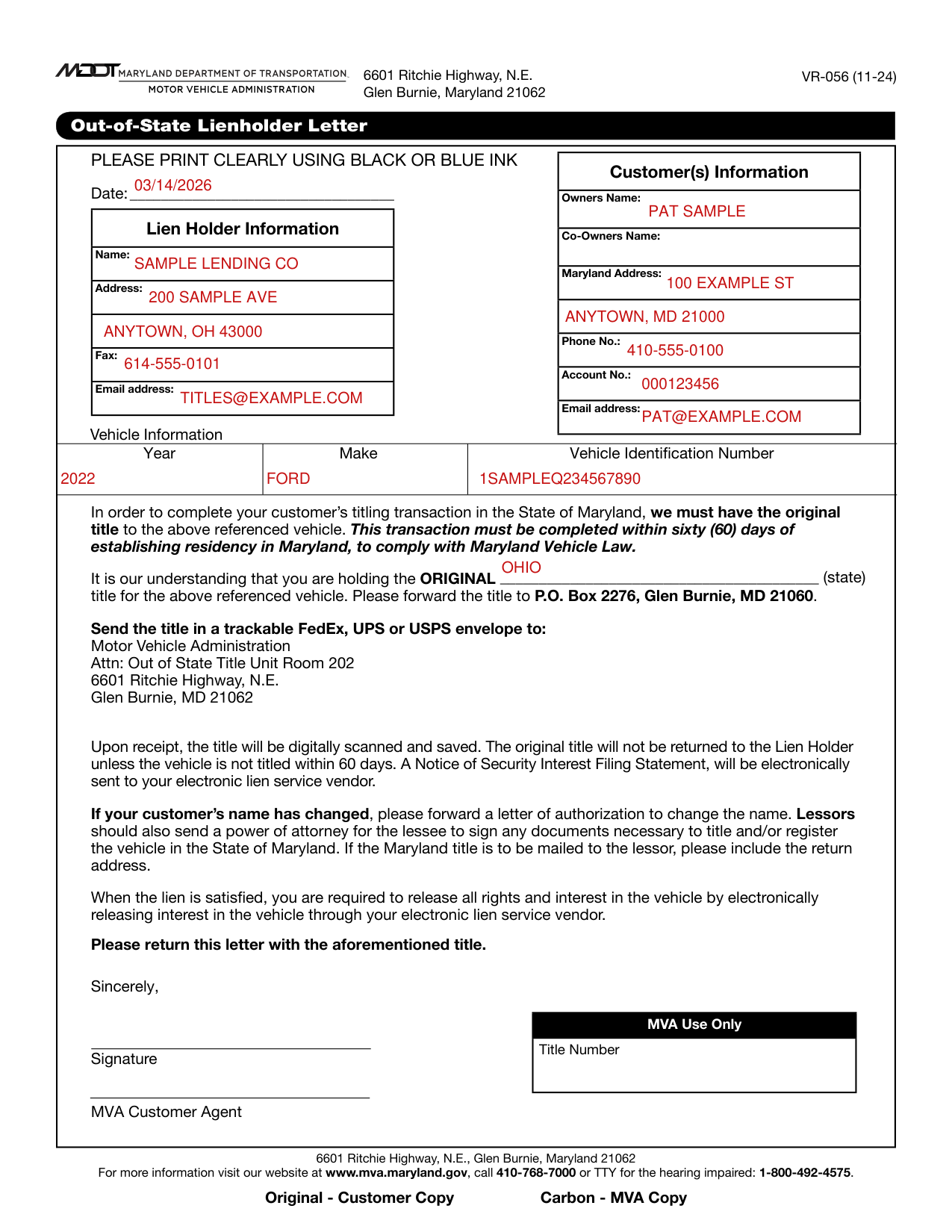 Form VR-056 example filled out, example: an owner with no co-owner and an Ohio title