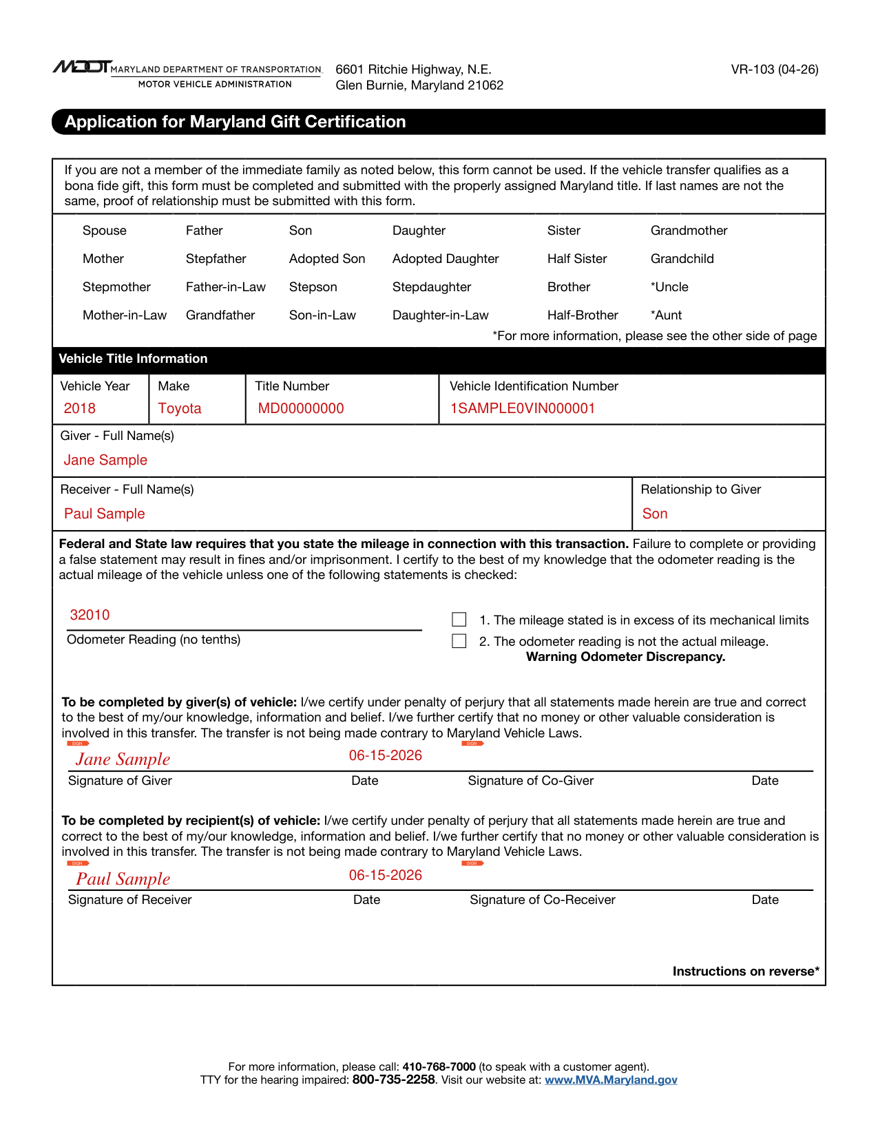 Form VR-103 example filled out, example: a mother gifts her car to her son