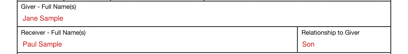 Form VR-103 example filled out, giver, receiver and relationship