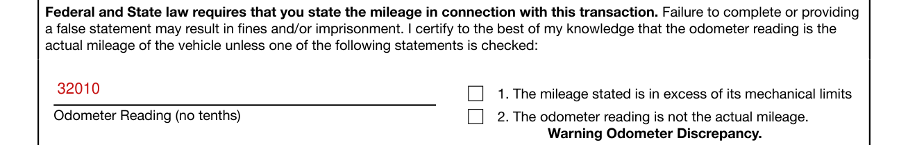 Form VR-103 example filled out, odometer Reading