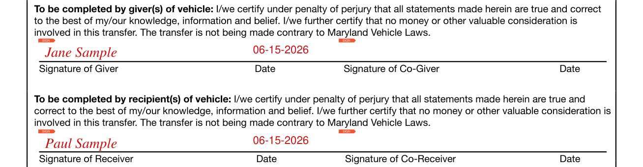 Form VR-103 example filled out, signatures of the giver and the receiver