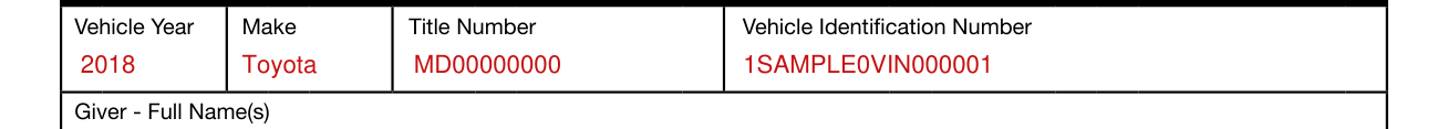 Form VR-103 example filled out, vehicle Title Information