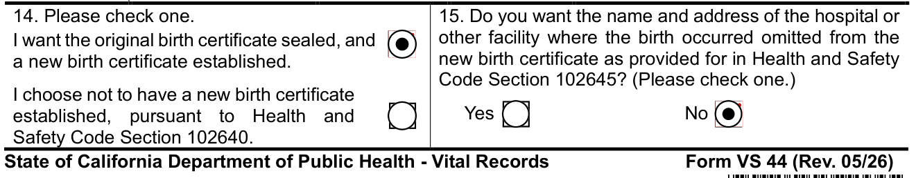 Form VS 44 example filled out, 14. Please check one, the original birth certificate sealed
