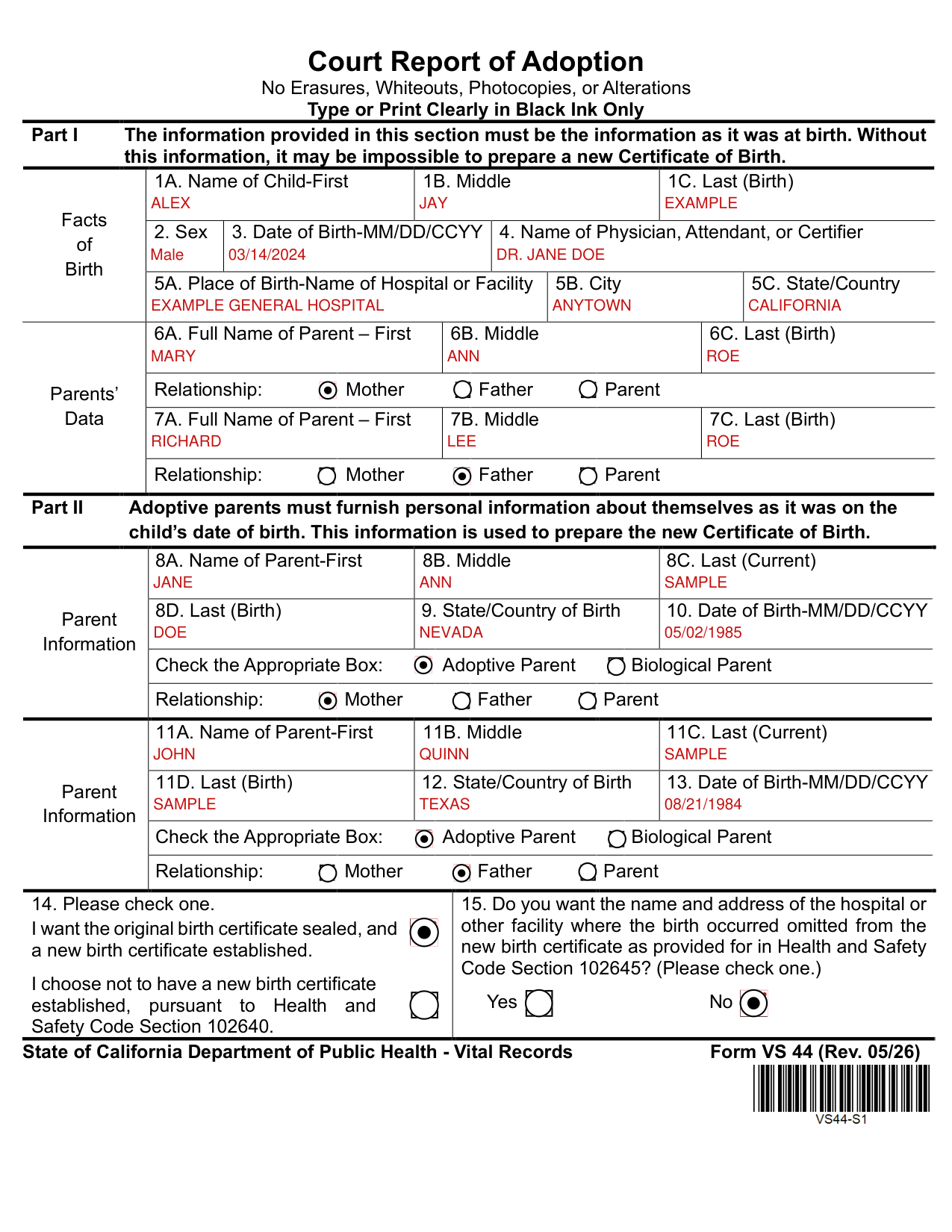 Form VS 44 example filled out, example: an adoption report with a new certificate