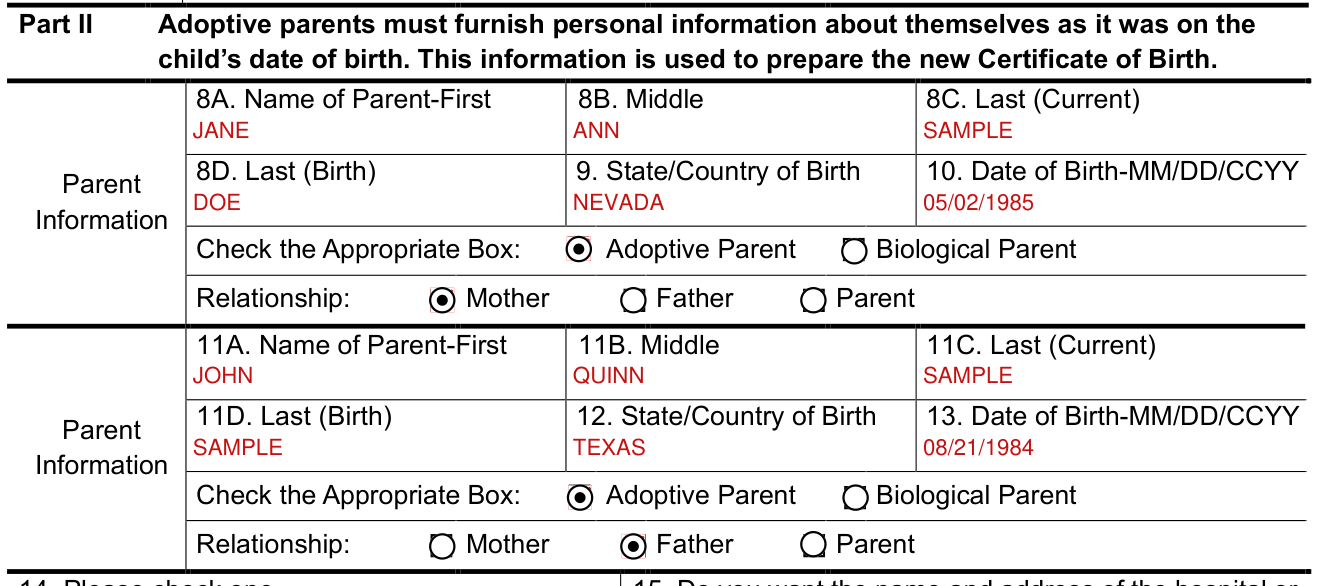 Form VS 44 example filled out, parent Information