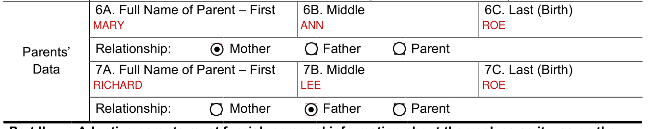 Form VS 44 example filled out, parents' Data