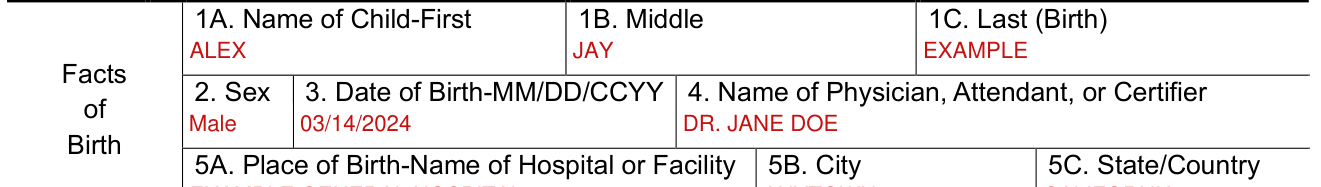 Form VS 44 example filled out, part I, the child's name