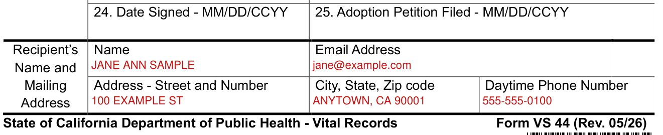 Form VS 44 example filled out, recipient's