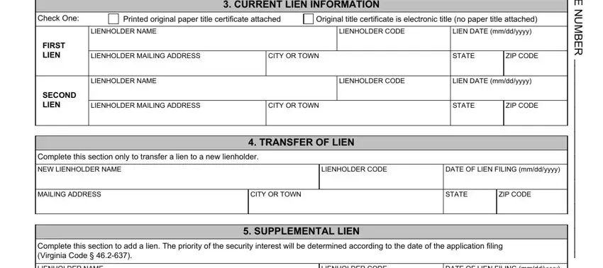 dmv 66 vsa form Check One, Printed original paper title, Original title certificate is, LIENHOLDER NAME, LIENHOLDER CODE, LIEN DATE mmddyyyy, CURRENT LIEN INFORMATION, FIRST LIEN, SECOND LIEN, LIENHOLDER MAILING ADDRESS, CITY OR TOWN, STATE, ZIP CODE, LIENHOLDER NAME, and LIENHOLDER CODE fields to complete