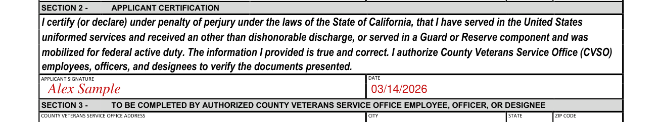 Form VSD-001 example filled out, applicant certification