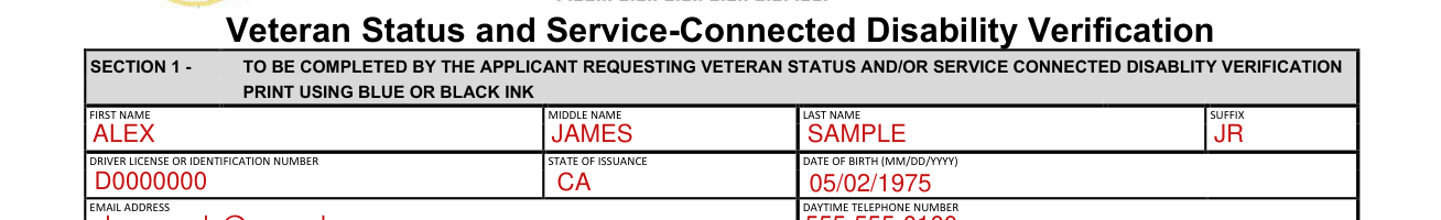 Form VSD-001 example filled out, applicant name