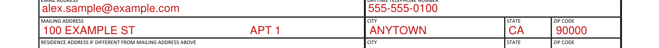 Form VSD-001 example filled out, email address and daytime telephone number