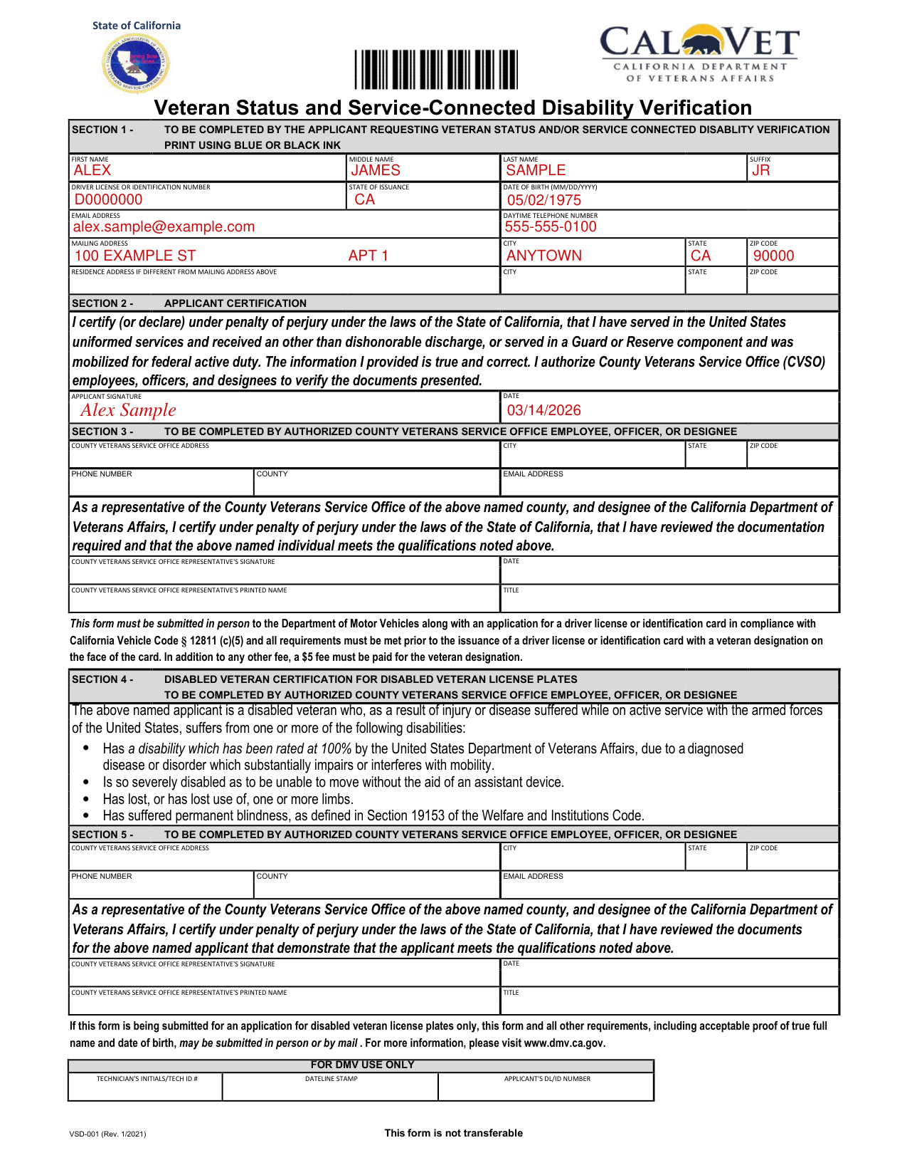 Form VSD-001 example filled out, example: an applicant requests veteran status