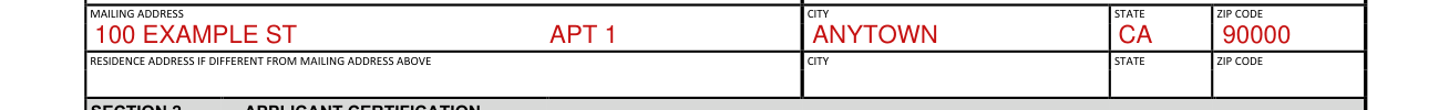 Form VSD-001 example filled out, residence address if different from mailing address above