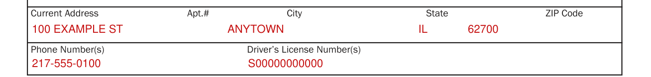 Form VSD 851 example filled out, current Address, phone and driver's license