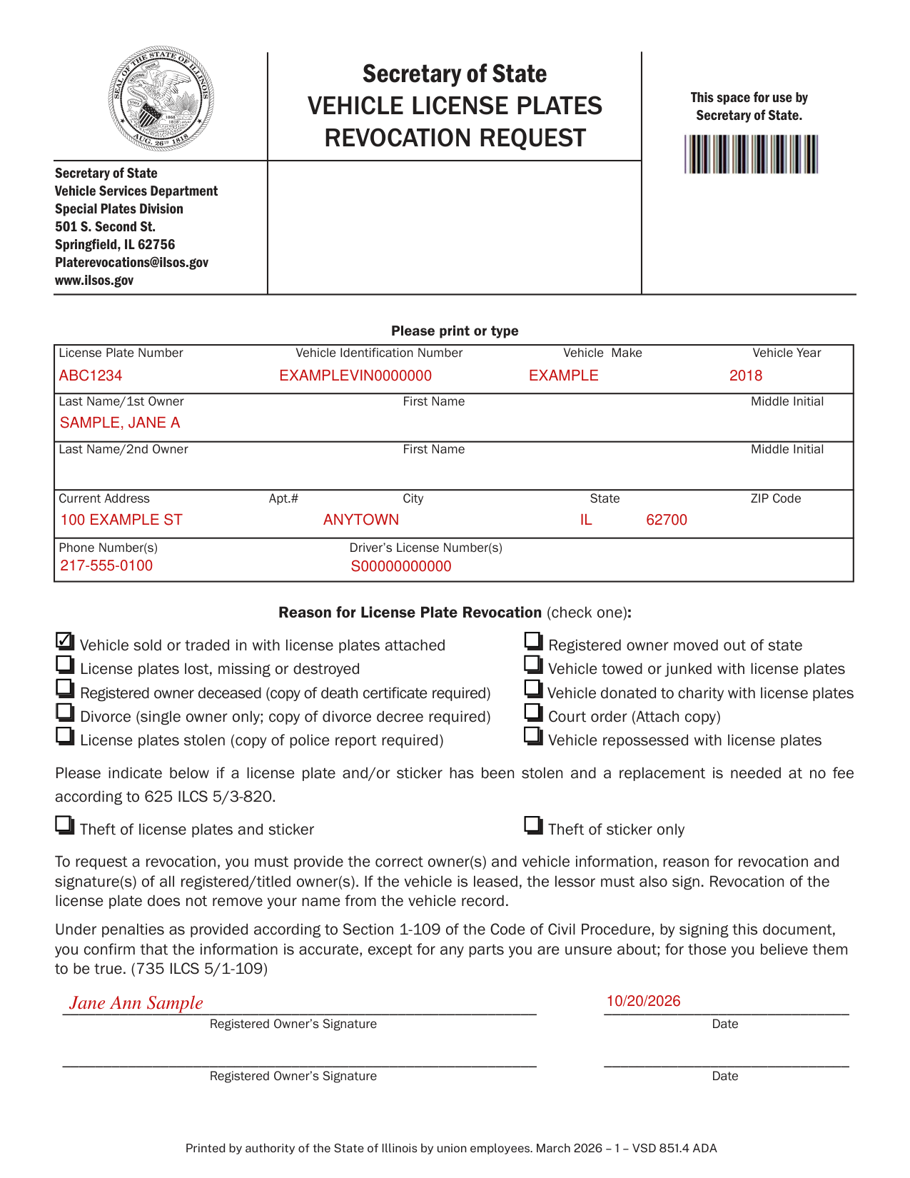 Form VSD 851 example filled out, example: a sole owner sells the vehicle