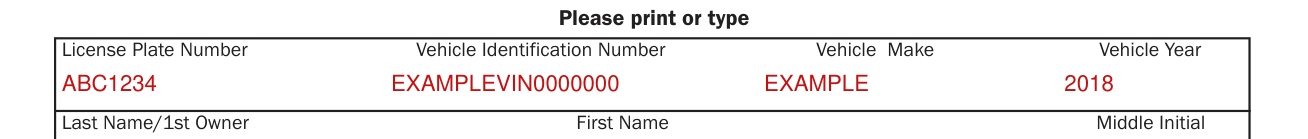 Form VSD 851 example filled out, license Plate Number and Vehicle Identification Number