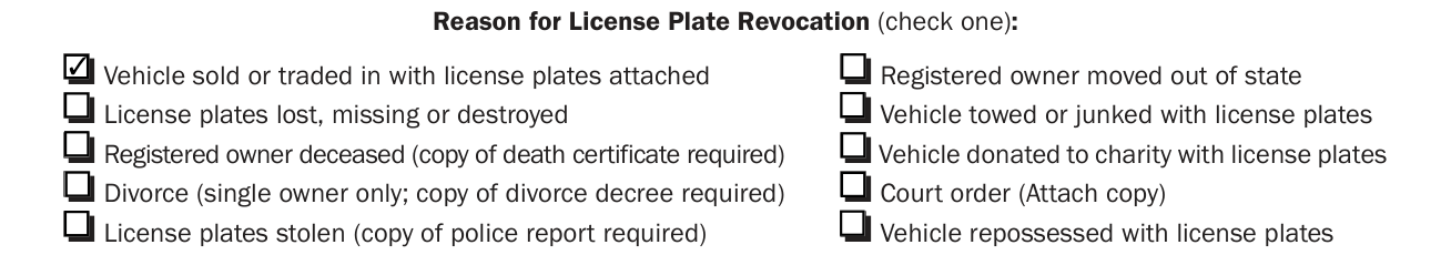 Form VSD 851 example filled out, reason for License Plate Revocation (check one)