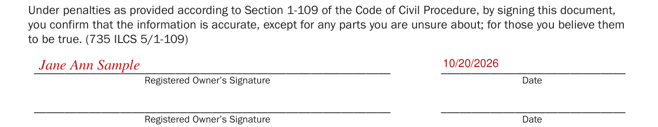 Form VSD 851 example filled out, registered Owner's Signature and Date