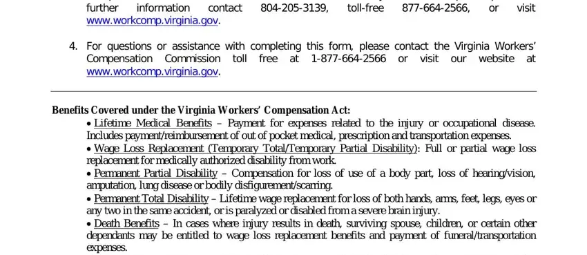 claim form The parties are advised that, information, tollfree, contact, further wwwworkcompvirginiagov, For questions or assistance with, toll, Compensation Commission, Benefits Covered under the, and Lifetime Medical Benefits blanks to fill out