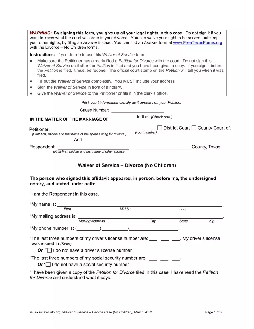 Waiver Service Form first page preview