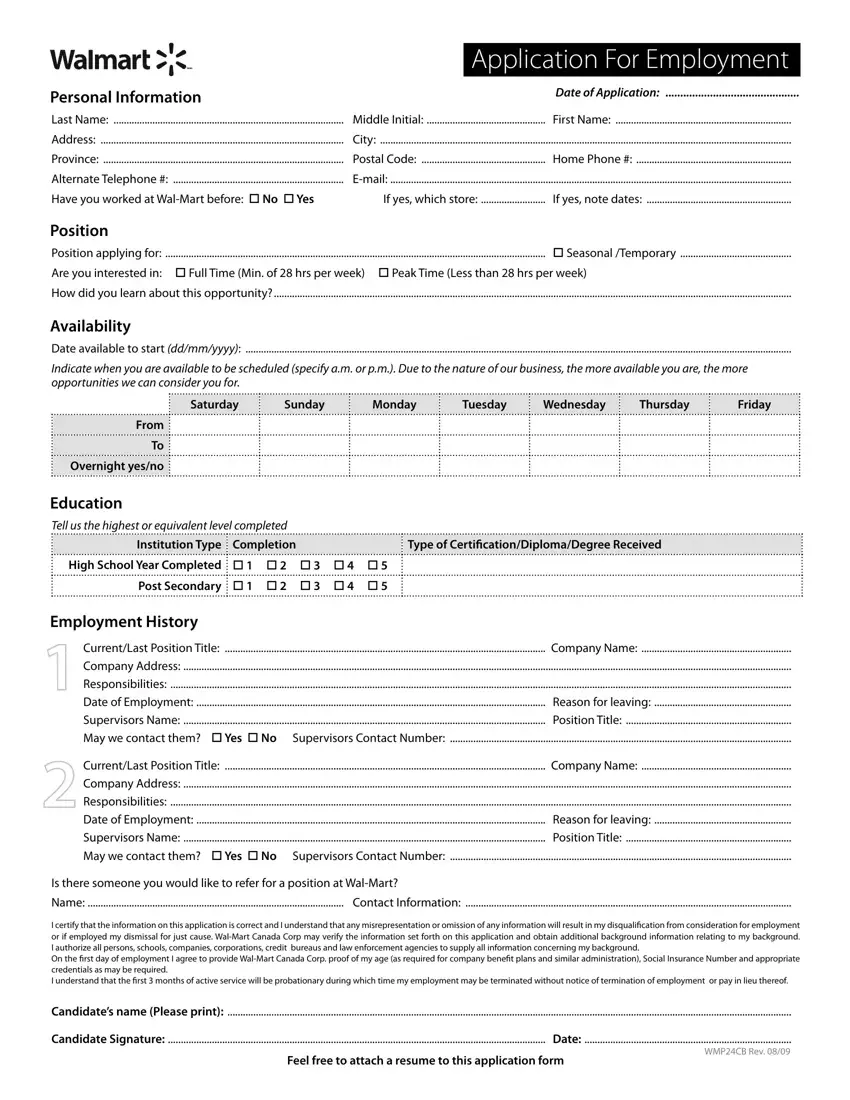 Walmart Application Form first page preview