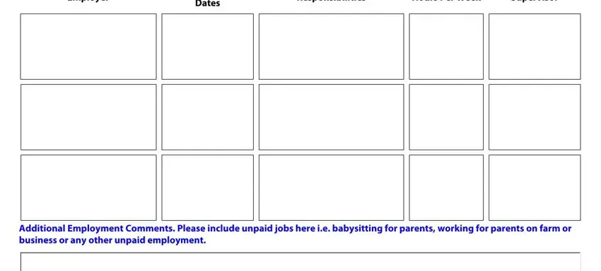 warren velda wilson Employer, Employment Dates, Responsibilities, Hours Per Week, Supervisor, and Additional Employment Comments fields to complete