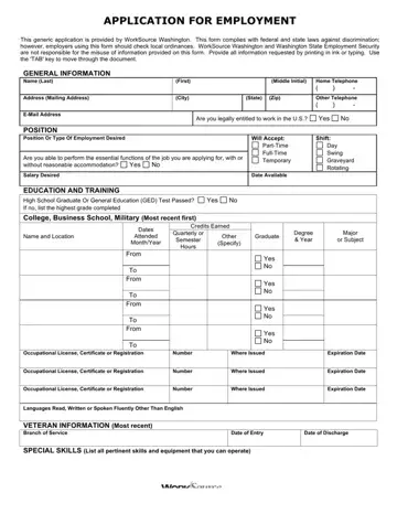 Washington Employment Application Form Preview