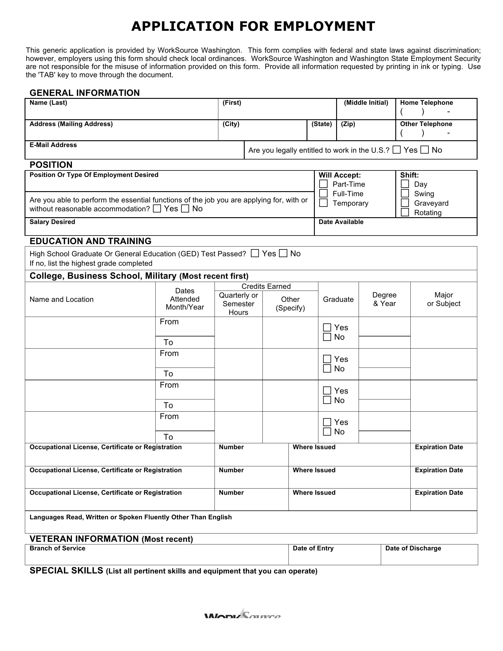 generic employment application form