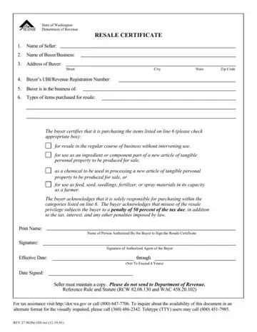 Washington Resale Certificate Form Preview
