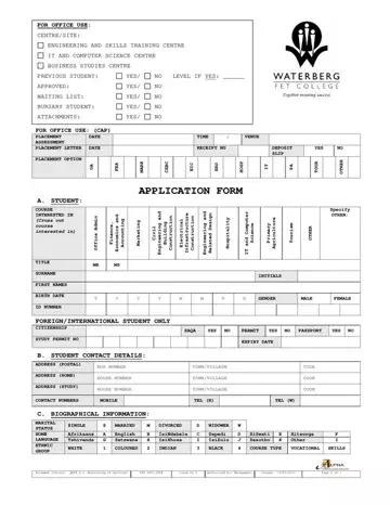 Waterberg Fet College Application Form Preview