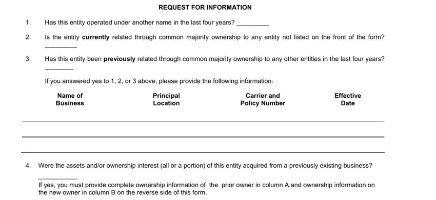 tx wc exclusion form Has this entity operated under, REQUEST FOR INFORMATION, Is the entity currently related, Has this entity been previously, If you answered yes to   or  above, Name of Business, Principal Location, Carrier and Policy Number, Effective Date, Were the assets andor ownership, and If yes you must provide complete fields to insert