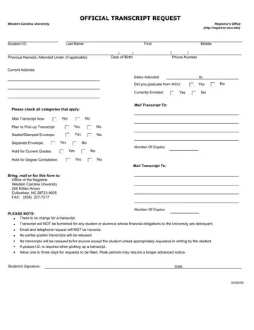 WCU Transcript Request Form Preview