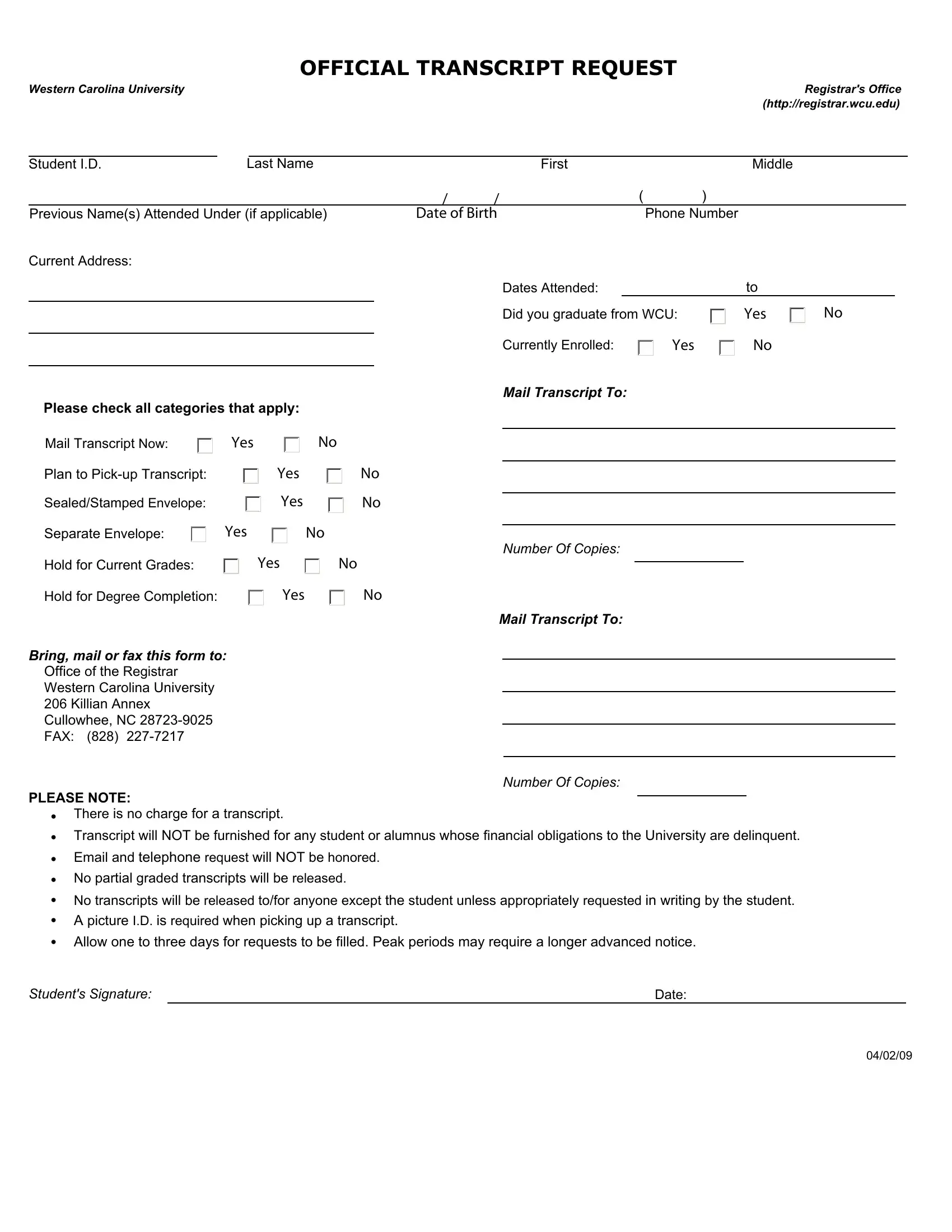WCU Transcript Request Form Fill Out Printable PDF Forms Online