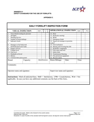 Weekly Forklift Inspection Checklist Pdf Form Preview