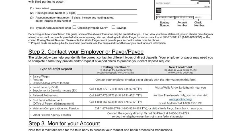 Filling in wells fargo direct deposit authorization form step 2