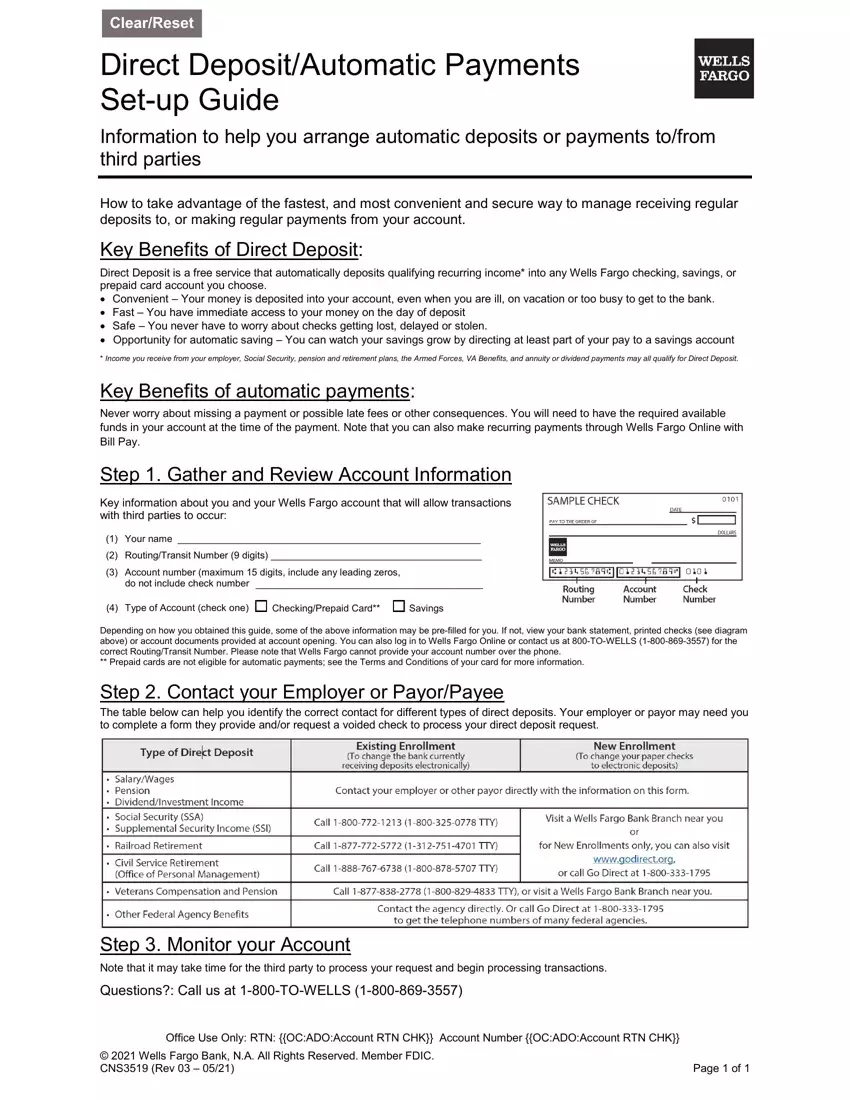 Wells Fargo Direct Deposit Form first page preview