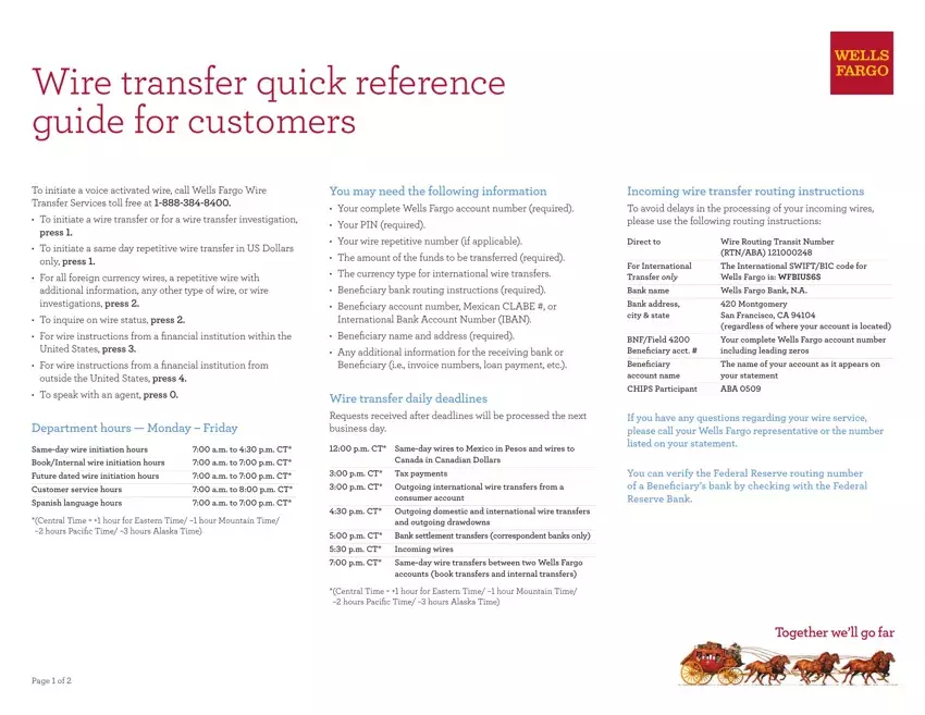Wells Fargo Wire Transfer Form first page preview