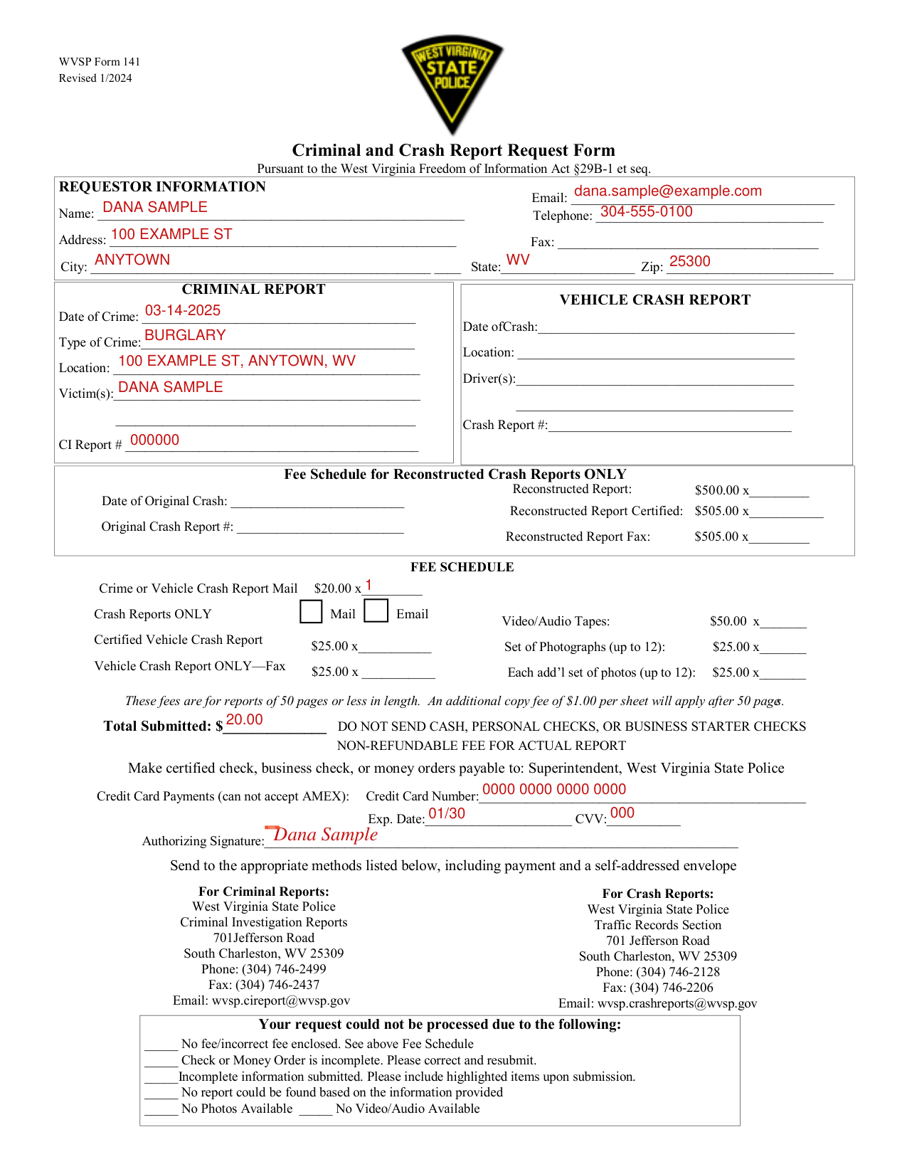 Form 141 example filled out, example: a criminal report request paid by credit card