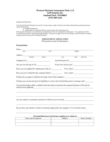 Western Playland Job Application Form Preview