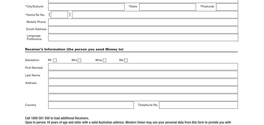 western card recharge State, Postcode, CitySuburb, HomeTelNo, MobilePhone, EmailAddress, Language Preference, Salutation, Mrs, Miss, FirstNames, LastName, Address, Country, and TelephoneNo blanks to fill out