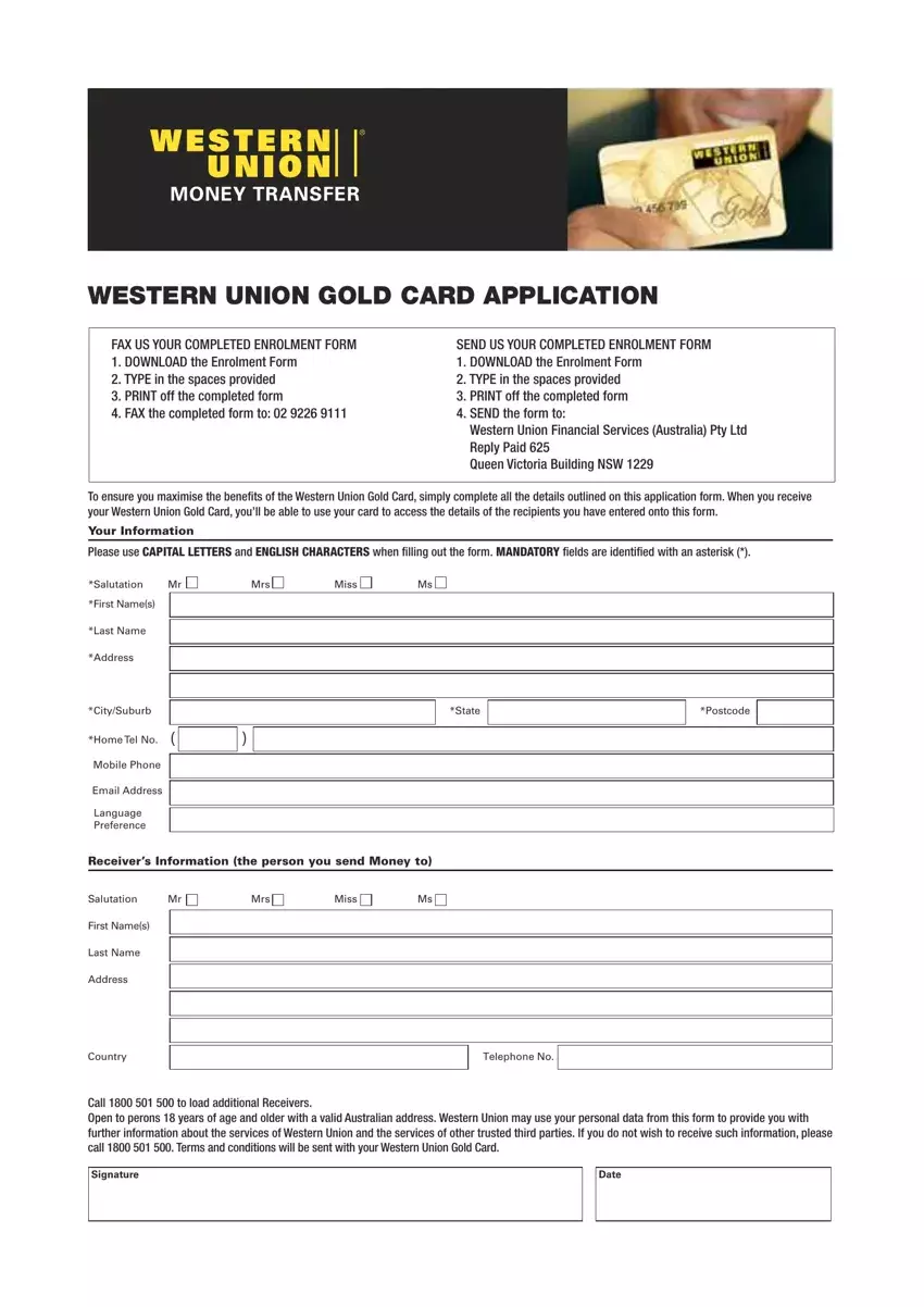 Western Union Gold Card Apply first page preview