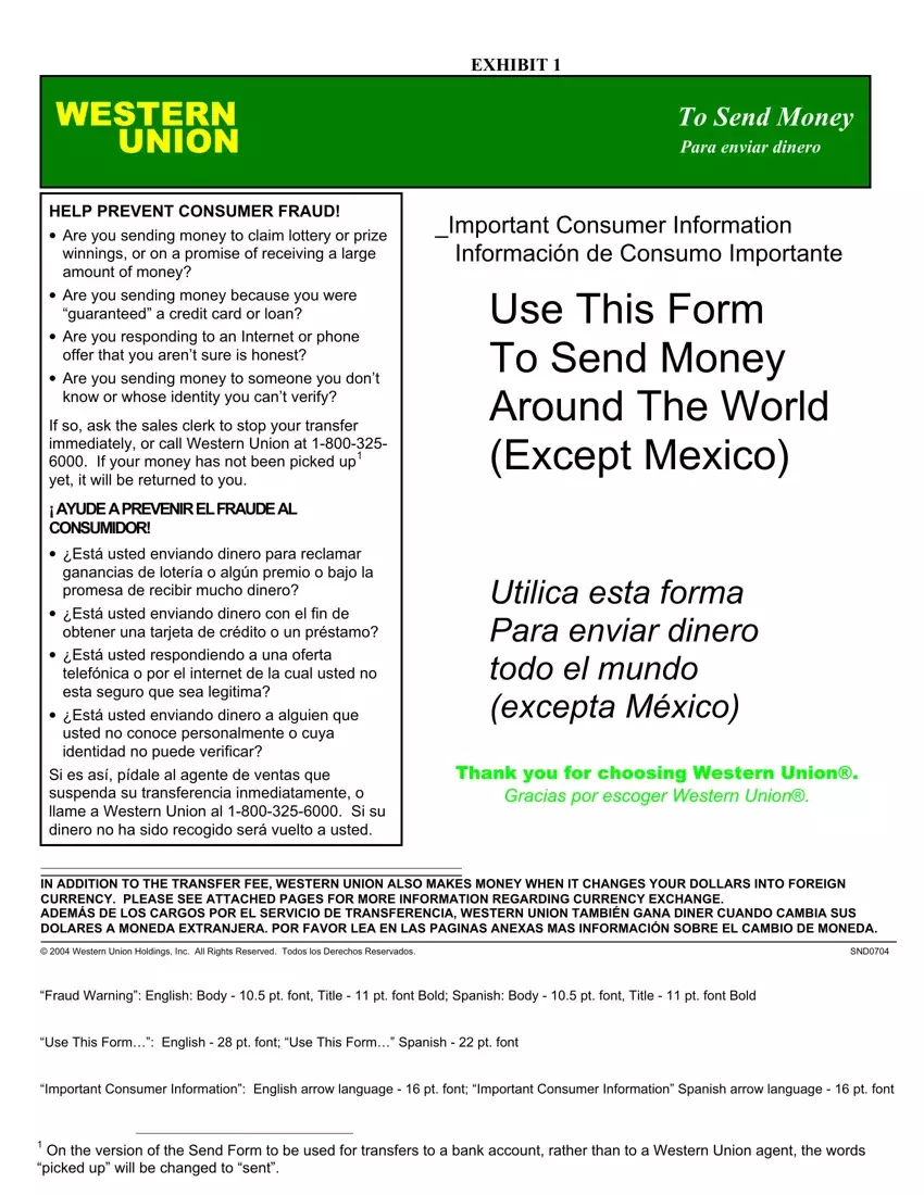 Western Union Send Money Form first page preview